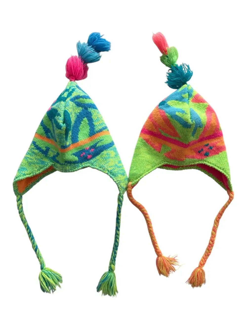 VTG 80s Obermeyer Kids Trapper Hat Beanies Neon Earflap Hat Tassle Preschool (2)